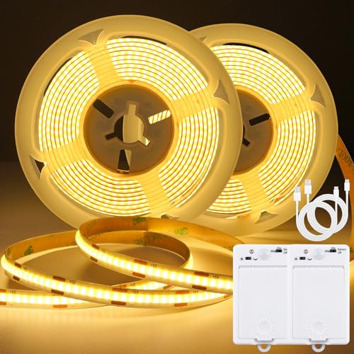 StarryEver 2M 640LED Streifen mit Bewegungsmelder Innen Batterie, 2700K Warmweiß Wiederaufladbarer LED Band Selbstklebend mit 2-Modi für Kleiderschränke, Treppen, Kinderzimmer, Betten(2-Stück)