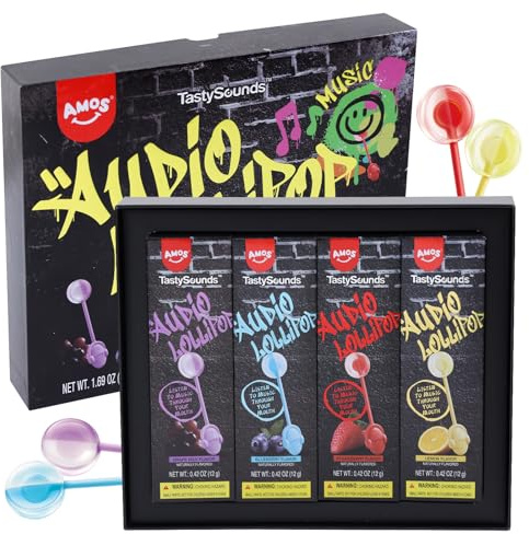Amos Music Lollipop Candy, 4 Pack Audio Singing Lollies Valentines Sweets, Fruit (Strawberry & Grape & Blueberry & Lemon) Flavors Lollipops, Sugar Free Lollipops Box Gift Package | Strawberry & Grape & Blueberry & Lemon Flavors Bone Conduction Singing Candy, for Goodie Bag Fillers & Stocking Stuffers