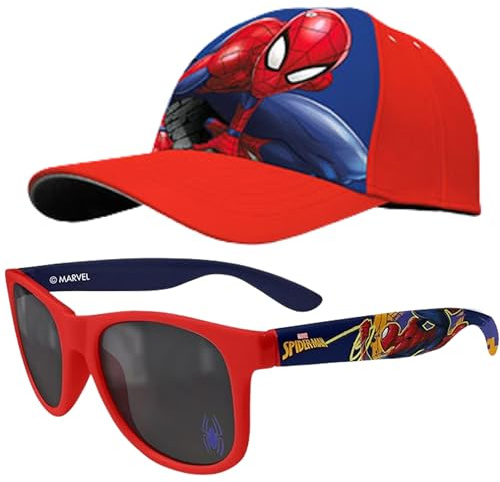 Marvel Spiderman Ensemble de lunettes de soleil et casquette pour enfants – Lunettes polarisées UV400 avec casquette de baseball réglable – Chapeaux de soleil pour l'été, les vacances, les voyages