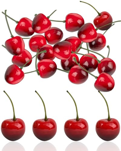 FUGLUS 20 Stück Kirschen Deko,deko obst,Gegen Verblassen Simulation Kirschenmodell Sorgfältig Künstliche Früchte,Lebensechten Kirsche Deko Obst,für Die Obstschale Tischdekoration DIY Foto-Props Party