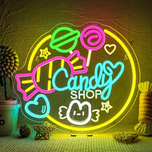 SIGNSHIP Candy Shop Neon Schild Candy Led Schild Dimmbar für Deko Süßwarenladen Led Schriftzug Leuchtschilder Wand Decor für Süßigkeitenladen,Konditorei,Party,Kinderzimmer,Wohnzimmer,Geschenk für Kind