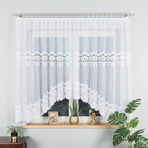 Gardinen Vorhangen Weiß Jacquard 300x140 cm (BxH) Libretto Kurze Bogen Fertiggardine Vorhang Dekoschal Klassisch Wohnzimmer