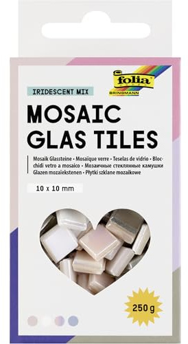 folia 5629 Mosaic Glas Tiles IRIDESCENT MIX Mosaiksteine, 10 x 10 mm | 300 Stück, ca. 250 g, 4 irisierend-schillernde Farben, zum Basteln, Verzieren und Dekorieren