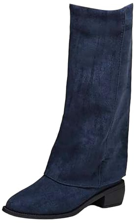 Knähöga stövlar dam med blockklack, vida stövlar dam vikbar över vinterstövlar spets cowboystövlar retro damstövlar bekväma slip-stövlar casual skaftstövlar läder halvstövlar, blå, 42 EU