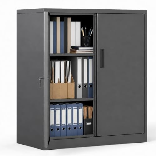 COSTWAY 91cm Tall Metal Storage Cabinet with 2 Lockable Doors | 2 Adjustable Shelves, Heavy Duty Steel Tall Cupboard, Multipurpose File Cabinet for Home Garage Office, Easy Assembly