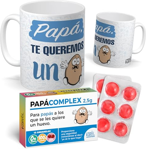 mundohuevo Regalo Divertido Dia del Padre | Taza Papa TE Queremos UN Huevo y Caramelos de Broma PAPACOMPLEX en Blister | 12 Caramelos sin azúcar Sabor Cereza + Taza Original | Taza Papá 350 ml.