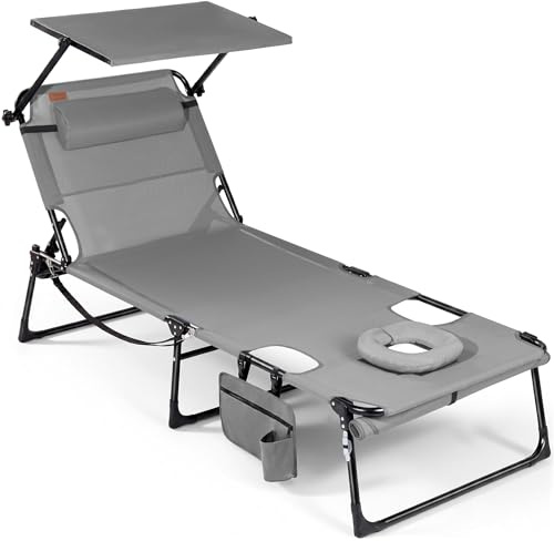 Homecall XXL Sonnenliege mit Gesichtsöffnung & Sonnendach, bis 180 kg | 200 x 70 cm große Gartenliege mit 4-fach verstellbarer Rückenlehne, klappbarer Liegestuhl für Garten & Outdoor (1, Hellgrau)