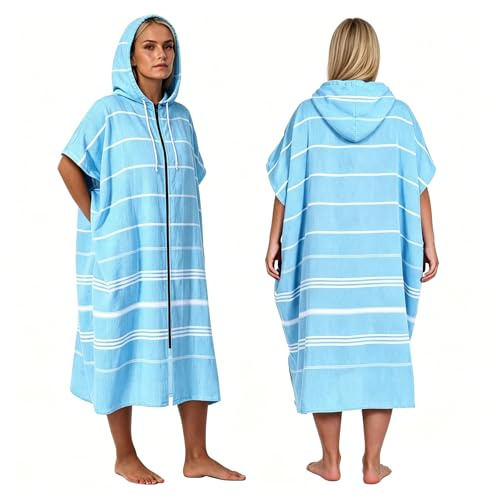 Aogulousdamai 1pcs Zipper Surf Poncho Cotton Turkish Towel Beach Cover Up Changing Robe with Hood and Front Pocket Absorbent Wearable Towel Hooded Beach Towel for Adult Man Women Beach Pool (Blue, M)