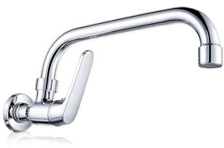 Grifo Monomando de Pared para Fregadero y Lavadero 1 Agua con Caño Giratorio Horizontal Cromado Cartucho Ceramico Instalacion Mural para Cocina Lavadero y Patio FLUVIA