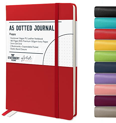 Stationery Island Anteckningsbok A5 – Hårt Omslag Prickig Anteckningsblock – Vallmoröd – 180 Sidor Bullet Dotted Journal Anteckningsbok – Resedagbok 120 gsm Papper – För Resor, Ritning och Skissning