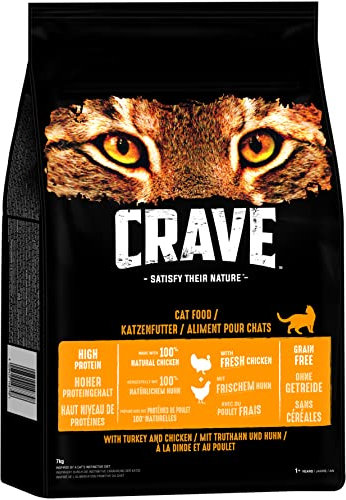 Crave Adult Trockenfutter mit Truthahn & Huhn, 7kg (1 Beutel) – Premium Katzenfutter trocken mit hohem Proteingehalt und ohne Getreide – Hergestellt mit 100 Prozent natürlichem Huhn