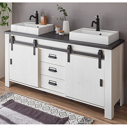 Lomadox Badezimmer Doppelwaschtisch in Pinie weiß Nb. mit anthrazit, B/H/T: ca. 164/91/43 cm