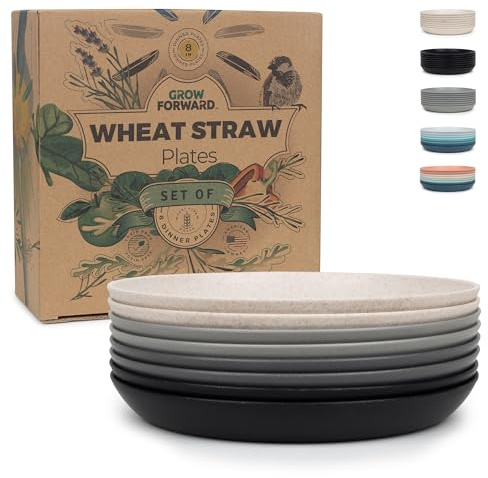 Grow Forward Premium Wheat Straw Plates - 8 Inch Reusable Hard Plastic Dinner Plates Set of 8 - Unbreakable Microwave Safe Plates for Dessert, Camping, RV, Outdoors, Patio, Kitchen Dishes - Moonlight