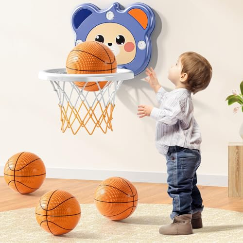 TEMI Mini basketkorg för barn pojkar ålder 3 4 5 6, inomhus basketkorg med 4 bollar, basketset inomhus för rum, leksaker, födelsedagspresenter för pojkar, småbarn, 3 4 5 6