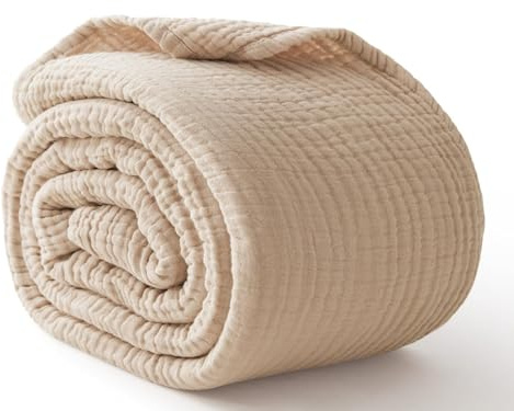 Kozyhvn Cooling Throw Blanket Twin XL 66 x 90, 6 Layers Muslin Blankets 100% Cotton, Breathable and Lightweight Twin Blanket for Bed, Soft Bedspread, Gauze Bedding for All Season, Beige Linen