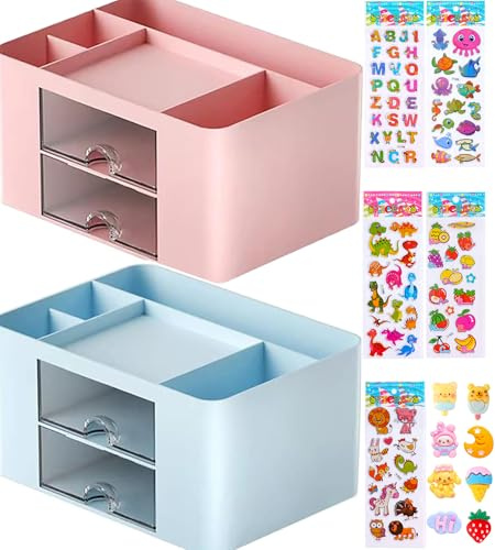 Lostwry Skrivbordsorganisatör med lådor, multifunktionell platsbesparande skrivbordsförvaring, pennhållare, bordsorganisatör för skrivbord med 5 fack för kontor, hem, skola (rosa + blå)