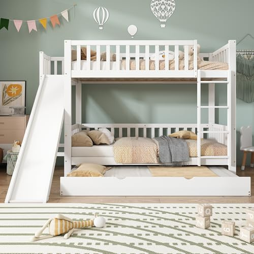 Letto a castello con letto a rotelle, con rete anticaduta, con scivolo e mensole, con scala diritta a 4 livelli, pino+MDF, bianco, 90 x 200/190 cm
