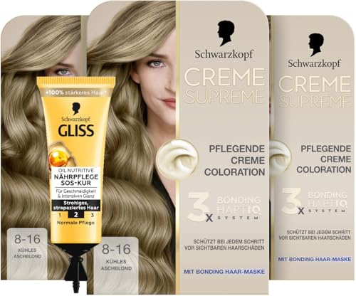 Schwarzkopf Creme Supreme Coloration 8-16 Kühles Aschblond (3x 182 ml), dauerhafte Haarfarbe mit Serum und Haar-Maske & SOS-Intensiv-Kur Oil Nutritive (15 ml) für intensive Reparatur