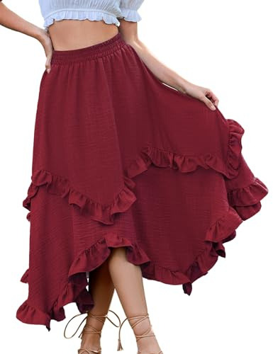 Bridesmay Renaissance Skirt for Women High Waisted Ruffle Boho Summer Skirts for Halloween Burgundy M