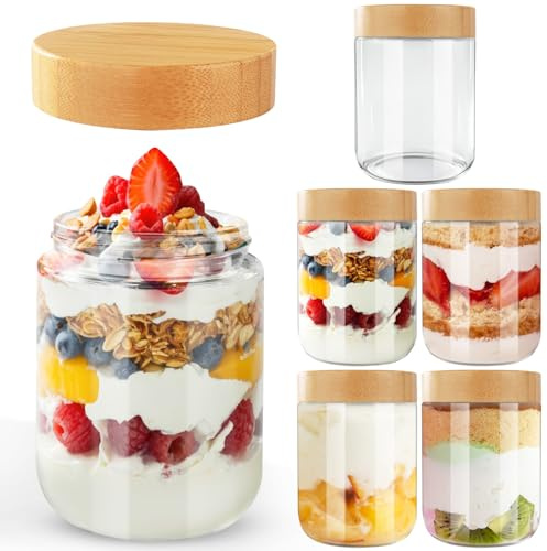 Cinnani Lot de 6 Overnight Oats Jar,500ML pots d'avoine de nuit,Bocaux en Verre Hermétique,bocaux de conservation en verre,Pot Yaourt en Verre avec Couvercle pour yaourt,céréales,porridge Meal Prep
