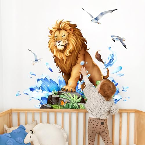 Tanlaby Wandtattoo Löwe Safari Waldtiere Dschungel Tropische Blätter | Wellen Löwen für Kinderzimmer Jungen Babyzimmer Schlafzimmer