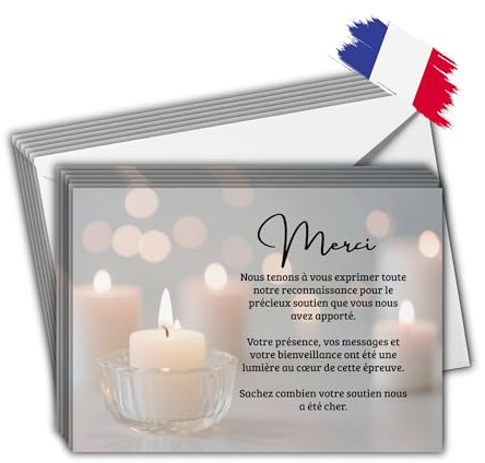EVTI Lot de 25 cartes de remerciement condoléances avec enveloppes, Remerciement décès avec message de deuil élégant, papier prémium 350 g, Entreprise Française, modèle bougie