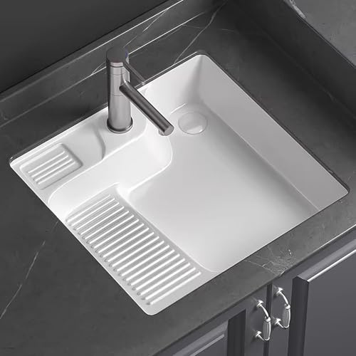 Waschbecken Bad mit Waschbrett, Einbauwaschbecken aus Keramik, mit Ausziehbarer Armatur und Ablaufgarnitur, für Badezimmer, Balkone und Waschküchen im Haushalt