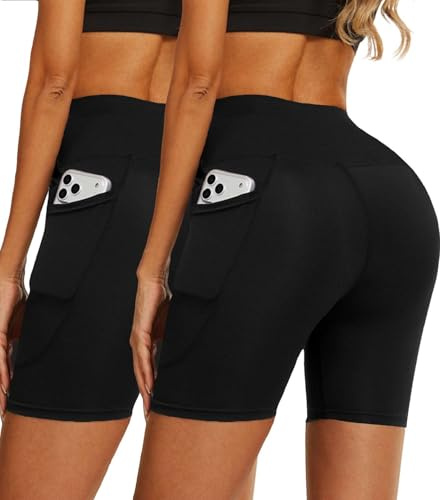 Yutdeng Pantaloncini Sportivi Donna Vita Alta Pantaloncini da Yoga con Tasche Laterali Elasticizzati Opachi Shorts Controllo della Pancia Leggings Corti per Palestra, Ciclismo,Nero*2,S-M