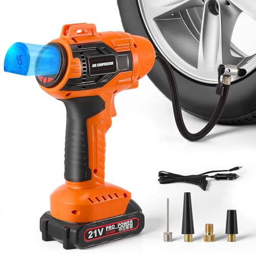 Compressore d'aria portatile a batteria, gonfiatore automatico con manometro digitale, pompa d'aria per auto, moto, bicicletta, pallone sportivo – giallo