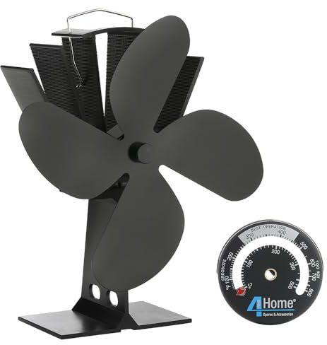 4YourHome Log Burner Stove Fan Wood Burning 4 Blades Heat Powered Fireplace Burner Fan Silenet with Thermometer Eco Friendly Circulation for Wood/Log Burner/Fireplace