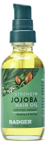 Badger Organic Jojoba Hair Oil & Dry Scalp Treatment, Soothing & Moisturizing Itchy Dry Scalp Oil, Rosemary Hair Oil, Organic Jojoba Oil Hair & Scalp Moisturizer, 2 fl oz Glass Bottle
