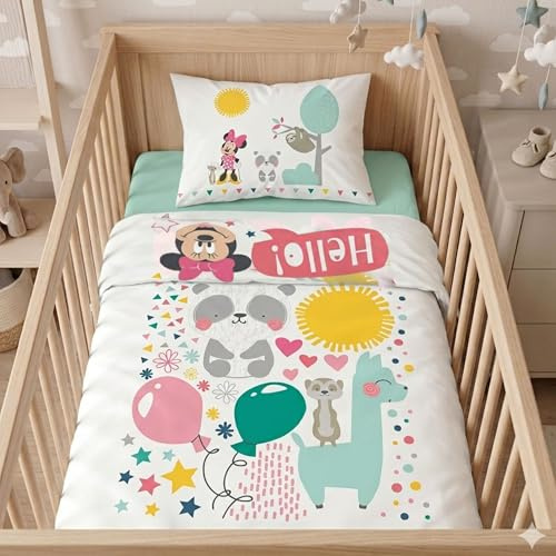 Familando – Disney Minnie Maus Baby Bettwäsche Set (2-teilig) – Decken- & Kissenbezug 100x135 cm & 40x60 cm mit Reißverschluss – 100% Baumwolle Linon – Wendemotiv mit Minnie, Lama, Panda & Erdmännchen