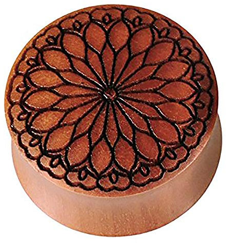 CHICNET Damen Herren Ohr Lobe Piercing Flesh Plug Tunnel Ohrring Ohrstecker aus rotbraunem Sawoholz mit dunkler Gravur Herz Blüte Mandala Yoga, Double Flare Holzplug 2-30mm Scmuck Frauen und Männer