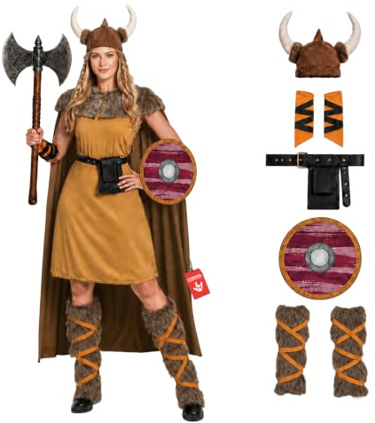 Fun Shack Wikinger Kostüm Damen, Nordisches Halloween Kostüm Damen | Hörnerhelm, Kleid, Umhang & Schild, Nordisches Krieger-Design, Zum Überziehen, Perfekt für Halloween, Ideal zum Verkleiden