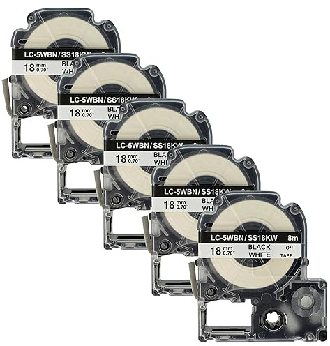 vhbw 5x Schriftband-Kassette kompatibel mit KingJim SR530 | SR3900C, SR3900P, SR3700P, SR40 Etiketten-Drucker 8m x 18mm Schwarz auf Weiß, Kunststoff