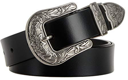 JASGOOD Women Leather Belts Ladies Vintage Western Belt Cowboy Cowgirl Country Belt Design Black Waist Belts for Pants Jeans Dresses