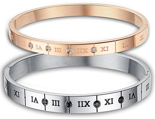 JewelryWe Schmuck Herren Damen Armband, Klassiker Römische Zahlen Ziffern Freundschaftsarmband Armreif, Zirkonia Diamant Edelstahl, Rose Gold Schwarz Silber
