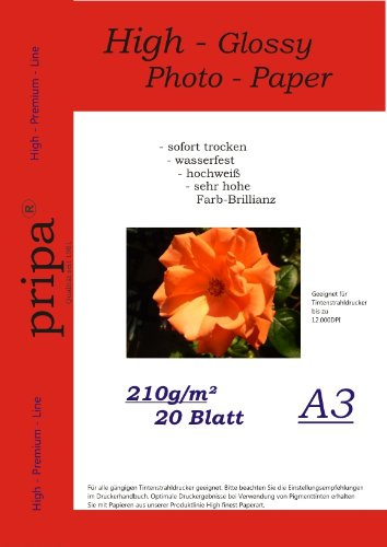 A3 pripa 20 Blatt Fotopapier Photopapier DIN A 3-210g /qm - glossy glanz - sofort trocken - wasserfest - hochweiß - sehr hohe Farbbrillianz fuer InkJet - Tinten - Drucker