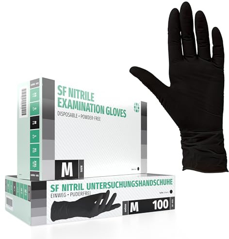 SF Guantes de nitrilo M negros – 100 unidades, guantes desechables sin polvo, sin látex, médicos y de examen, aptos para cocina, limpieza, cosmética y uso doméstico