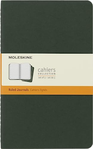 Moleskine Cahier Journal, Set 3 Quaderni con Pagine a Righe, Copertina in Cartoncino e Cucitura a Vista in Cotone, Colore Verde Mirto, 80 Pagine, Formato Large 13 x 21 cm