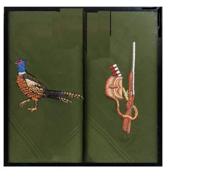 Farm Cottage Brands Zwei 40cm Quadrat Baumwolle Bestickt Grün Taschentücher mit Fasan auf eine und eine Schrotflinte und Patronen- Tasche auf die Andere