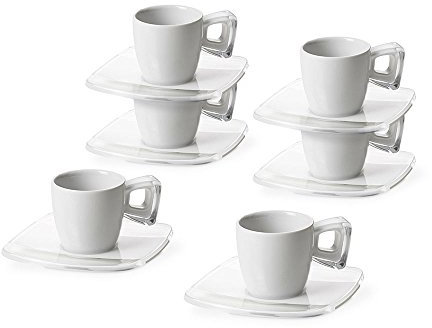 Omada Design Set di 6 Tazzine da Caffè con Manico e Piattini, in Porcellana e plastica, Lavabili in Lavastoviglie, Linea Square, Bianco