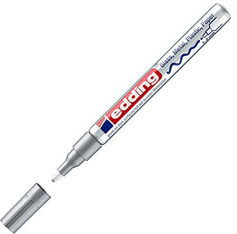 edding 751 glansmarkör – silver (metallisk) – 1 färgmarkör – rund spets 1-2 mm – färgpenna för glas, småsten, trä, plast, papper – vattentät, hög täckning