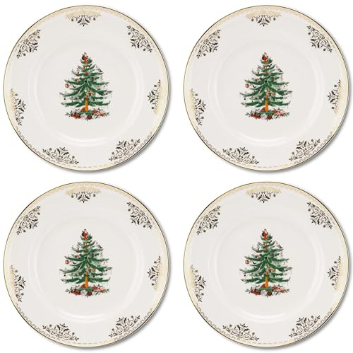 Spode Christmas Tree Gold Dinner Plate (Set of 4) – 10 Inch Porcelain Dinner & Appetizer Dish, Holiday-Themed Serving Plate, Microwave & Dishwasher Safe, Festive Collectible Seasonal Dining