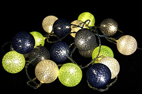 Stoff Ball Lichterkette, 20`er LED Kugel Lampion, grau, grün/blau/grau