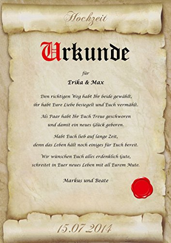 Hochzeit Urkunde personalisiert Geschenk Karte zu jedem Hochzeitstag A4 Motive