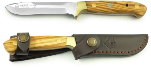 Puma IP Jagdmesser, pal 240, Stahl 1.4125, Olivenholz-Griff, Messingbacken, Fangriemenöse, Sattellederscheide
