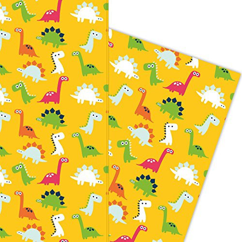 Kartenkaufrausch Lustiges Comic Dinosaurier Kinder Geschenkpapier Set als edle Geschenk Verpackung, 4 Bögen Musterpapier, Dekorpapier zum basteln 32 x 48cm, auf gelb