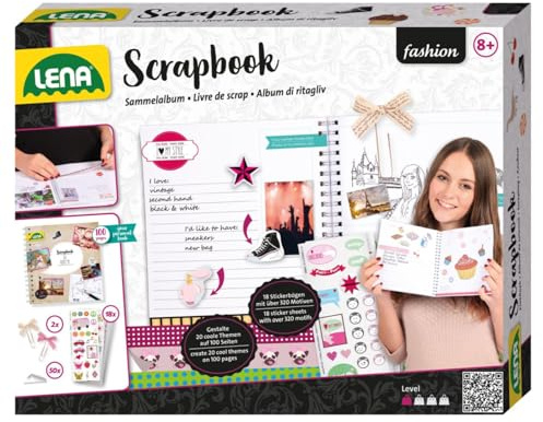 Lena 42332 gör-det-själv pysselset, scrapbooking klippbok, fotobok med 100 sidor, 50 fotohörn, 2 slipklämmor och 18 klistermärkesark, för barn från 8 år