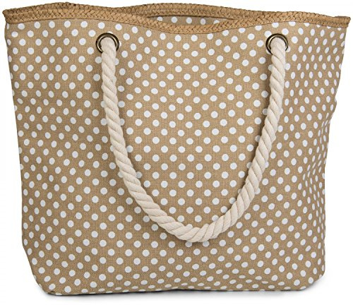 styleBREAKER Strandtasche mit Punkte Muster und Kordelgriffen | großes Hauptfach mit Reißverschluss | inkl. abnehmbarer Kosmetiktasche | Shopper Damen mit Bast-Detail, Farbe:Beige-Weiß